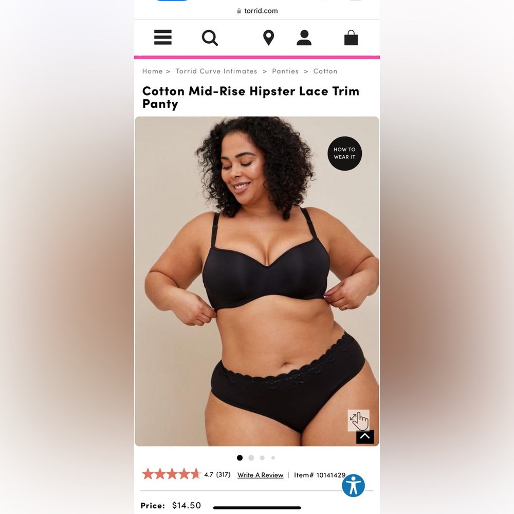 Torrid Cotton Mid-Rise Hipster Lace Trim Panty Black Size 1